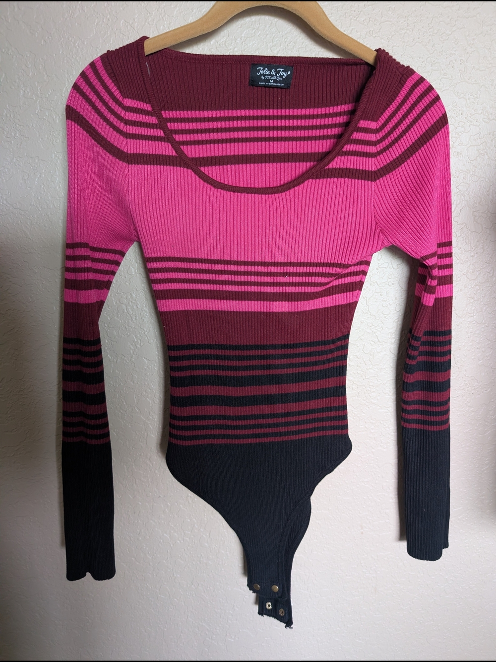 Tulle & Tyg Pink Striped Ribbed Long-Sleeve Bodysuit